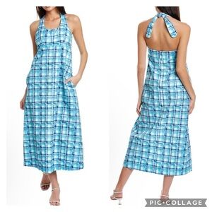 FRANCES VALENTINE Iris Malia Halter Midi Dress in Blue & White Gingham NWOT